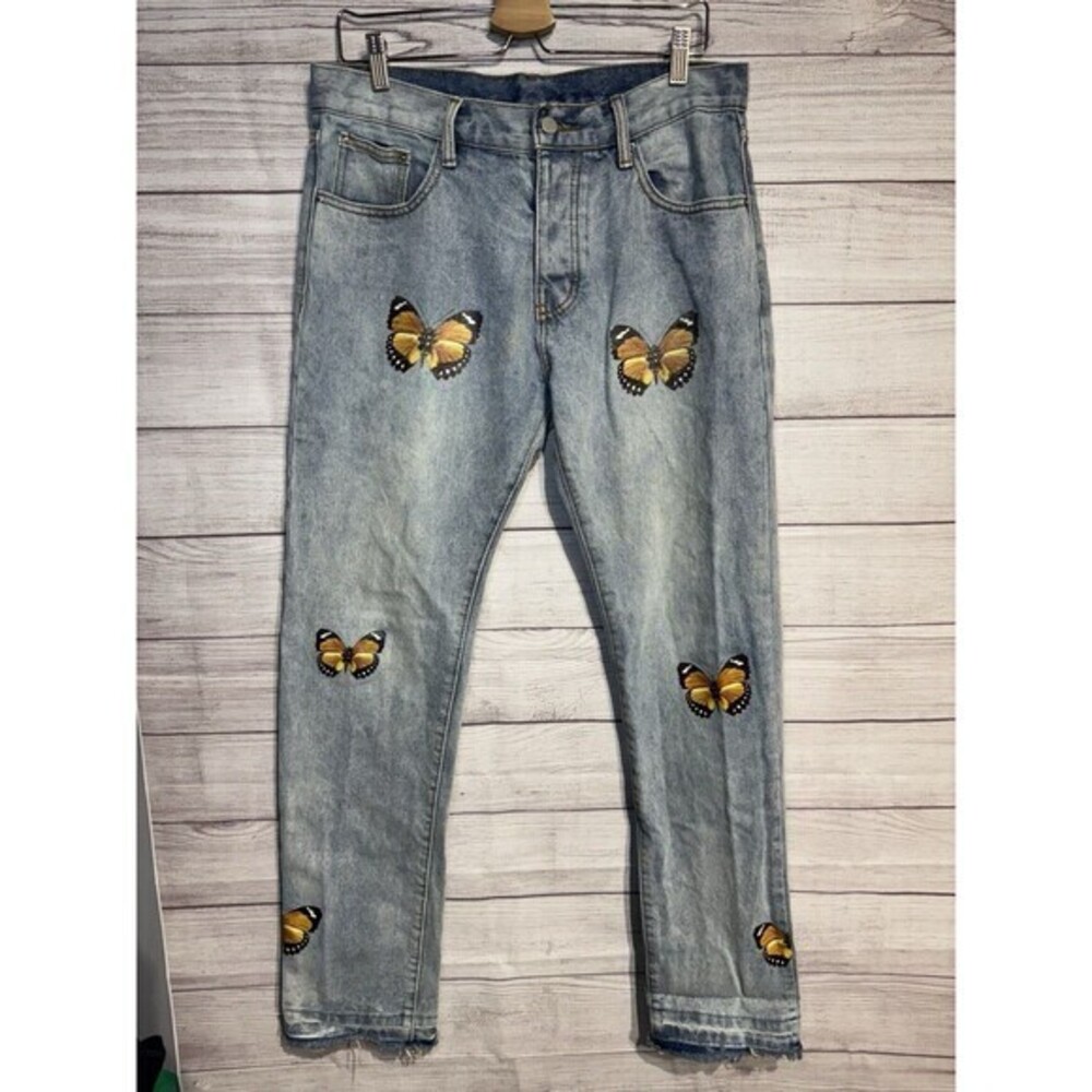 MNML Jeans Adult 33 Blue Butterfly Denim Button Fly Preppy Straight Leg Mens